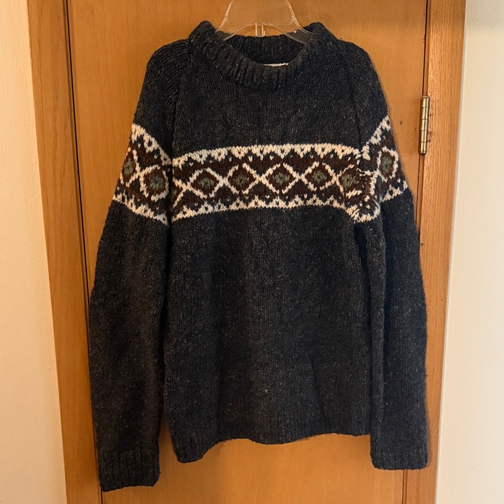 El JoRongo Men’s Merino Wool Fair Isle Crew Neck Sweater Gray Size Large